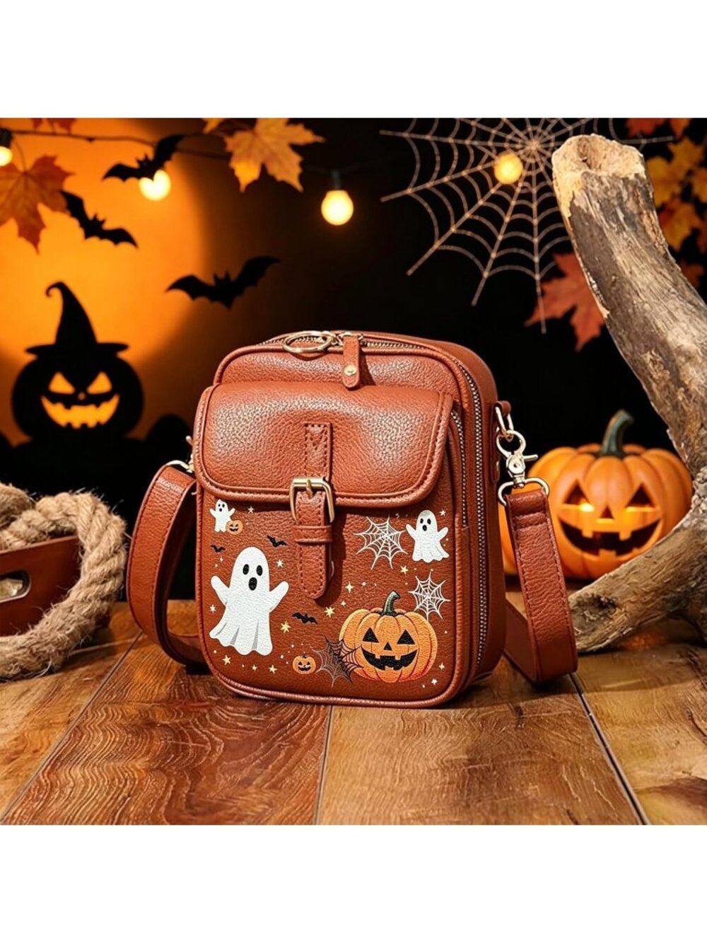 Women Halloween-Brown Capacity Purse Card Slots Shoulder Leather Crossbody Bags - Picture 3 of 6